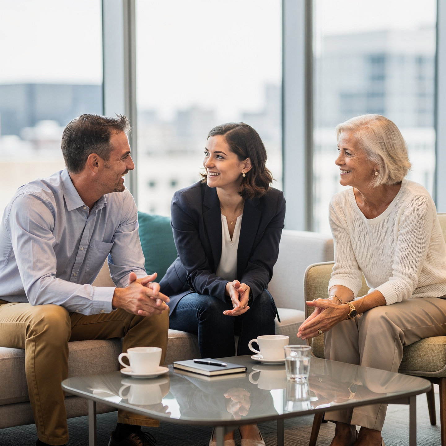 Executives in a strategic conversation in a lounge setting