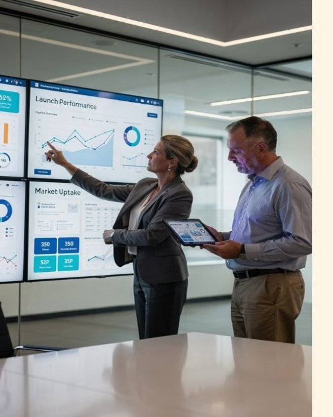 Two professionals reviewing launch performance data on a wall of screens